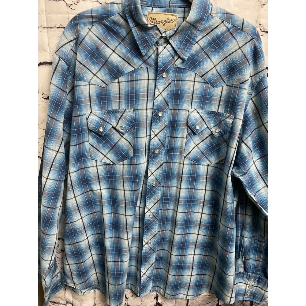 Wrangler‎ Western Blue Plaid pearl snaps Long-Sleeve Shirt M